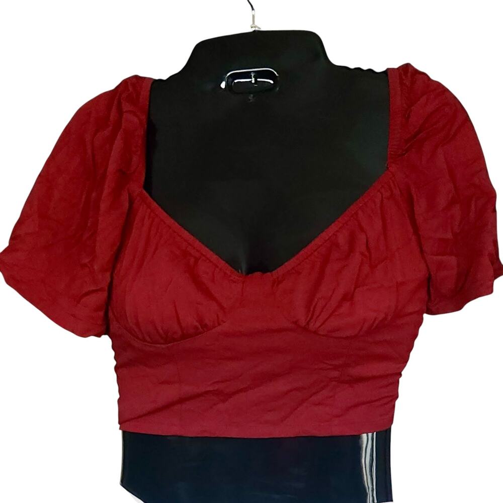 SHORE Red Crop Blouse Puff Sleeve Women sz. M Made in‎ USA | NWT $98